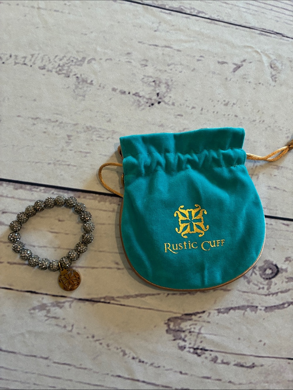 🎉NEW LISTING!🎉Rustic Cuff Grey Disco Balls Bead Bracelet with Gold Logo Charm